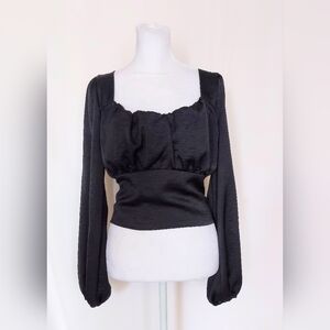 Altar'd State Size Medium Crop Waist Blouse Open Back Balloon Sleeve Top Black